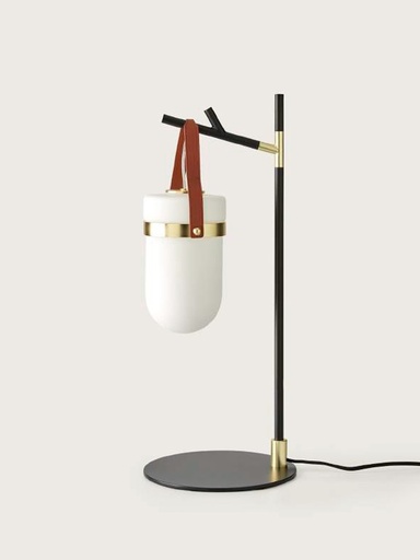 [S1264] ALMON : Lampe de table en verre opale, sangle en cuir et métal noir et doré