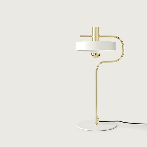 [S1240] ALOA : Lampe de table en métal blanc et laiton avec bras courbé